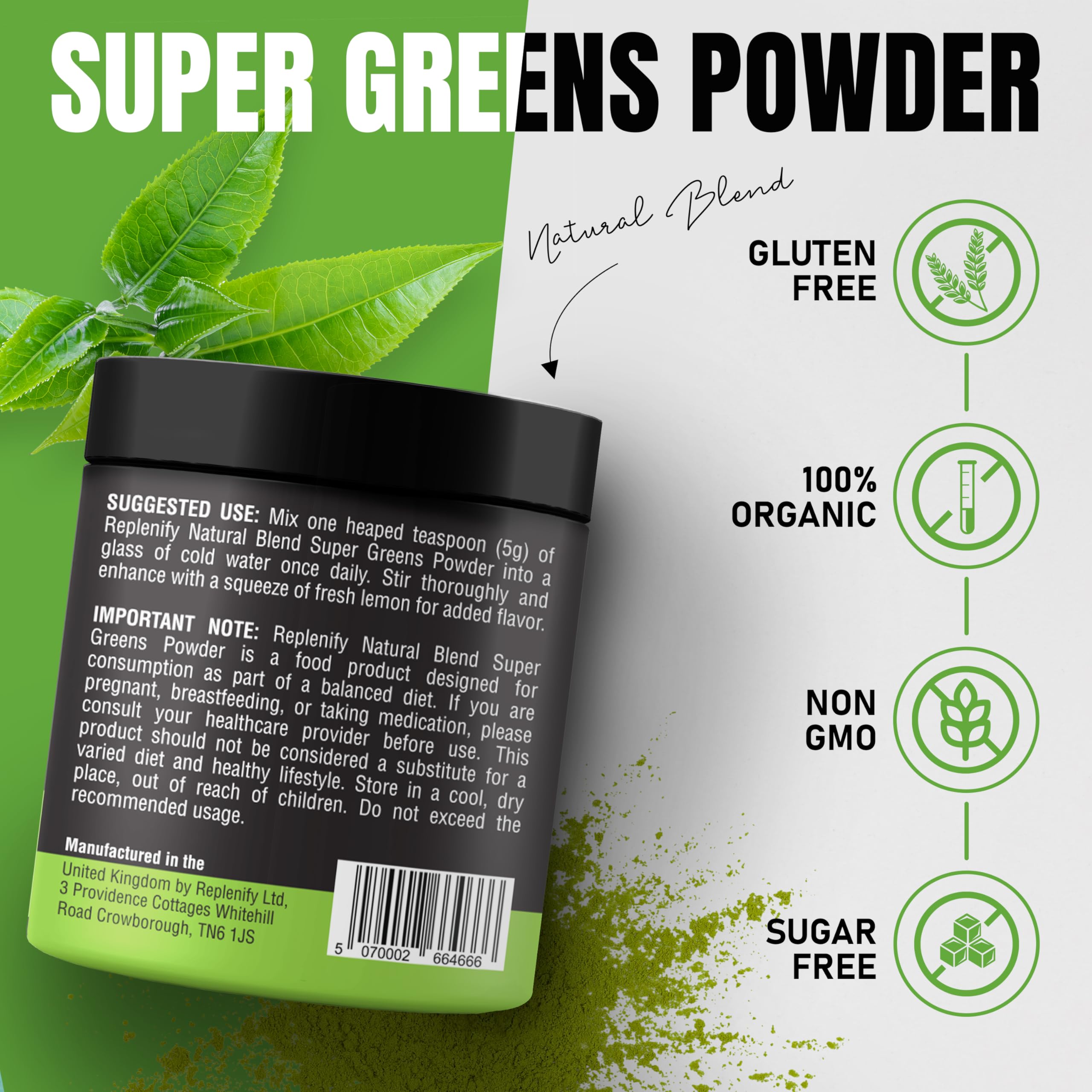 Replenify Super Greens Powder – Natural Energy & Detox Blend with 9 Organic Superfoods – 30 Servings – Greens Supplement for Gut Health, Immunity & Vitality