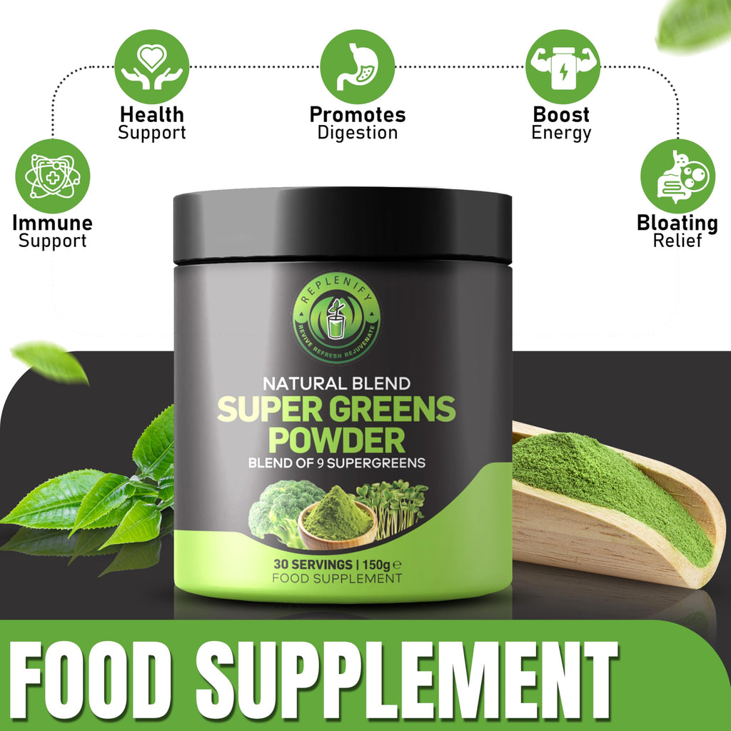 Replenify Super Greens Powder – Natural Energy & Detox Blend with 9 Organic Superfoods – 30 Servings – Greens Supplement for Gut Health, Immunity & Vitality