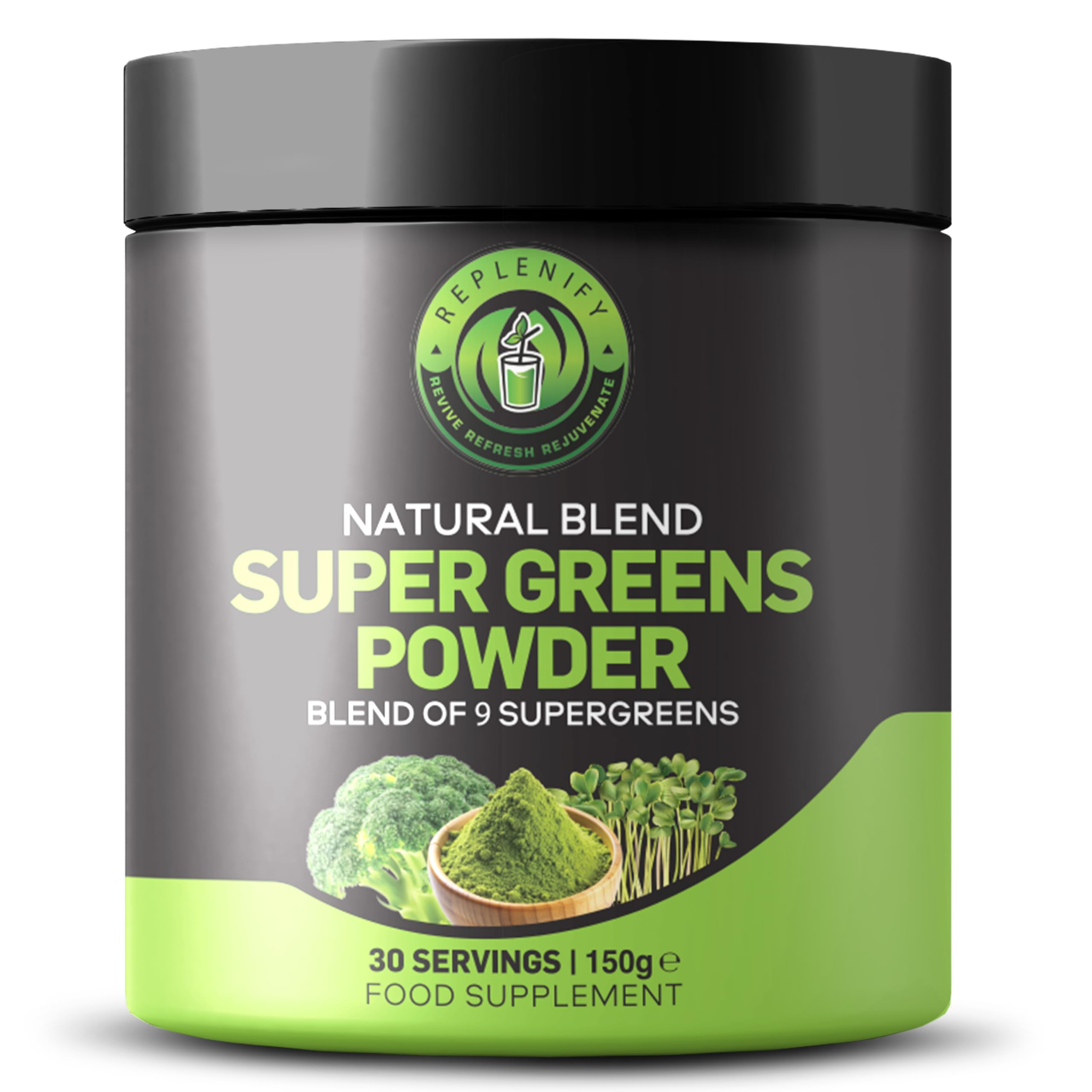Replenify Super Greens Powder – Natural Energy & Detox Blend with 9 Organic Superfoods – 30 Servings – Greens Supplement for Gut Health, Immunity & Vitality