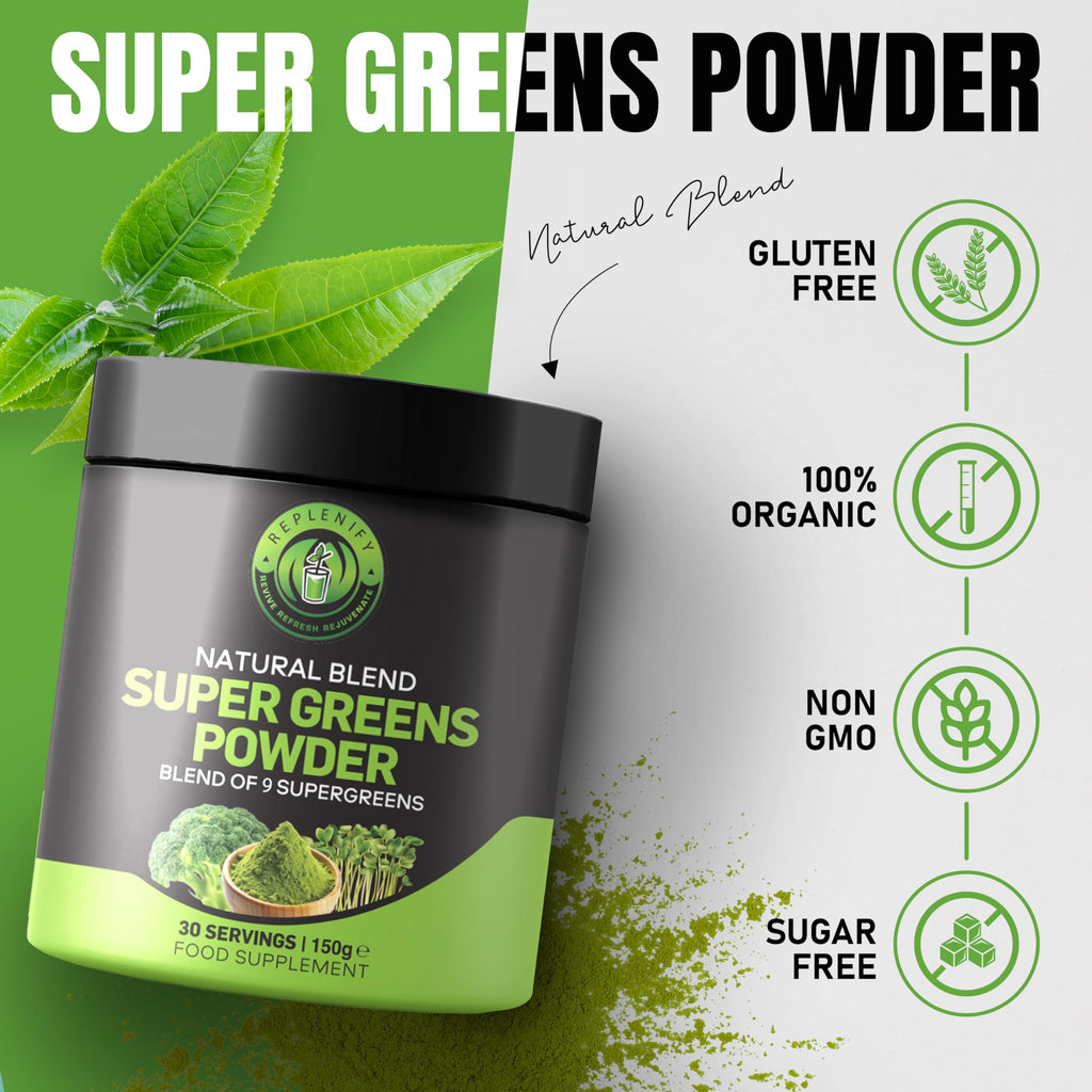 Replenify Super Greens Powder – Natural Energy & Detox Blend with 9 Organic Superfoods – 30 Servings – Greens Supplement for Gut Health, Immunity & Vitality